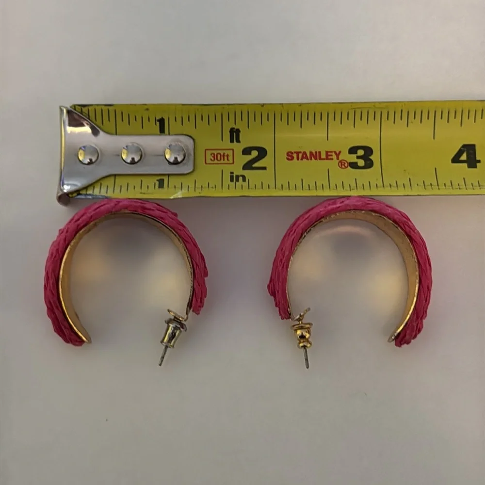 Hot pink woven straw textured gold 1.5” crescent hoop earrings